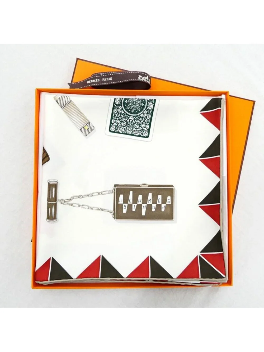 Hermes Carre 90 Gloves Watch L'heure Des Gants 01 Blancasse Etoupe Rouge Silk